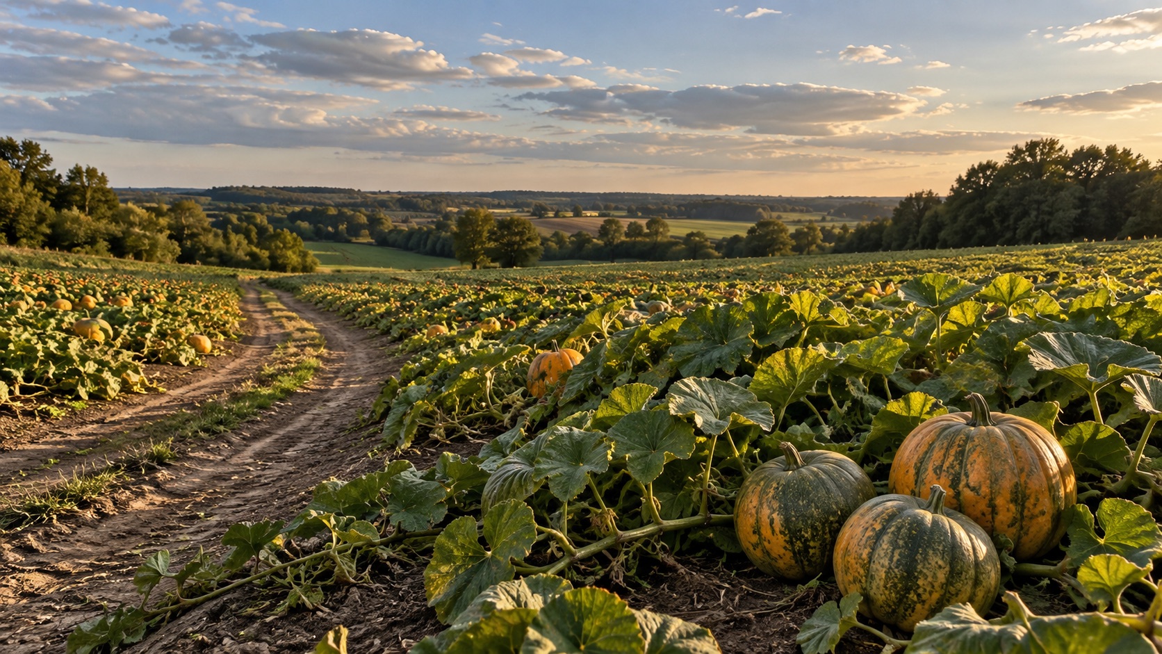 Plantação de abóboras ao fim da tarde, com frutos em primeiro plano e um caminho entre as folhas verdes